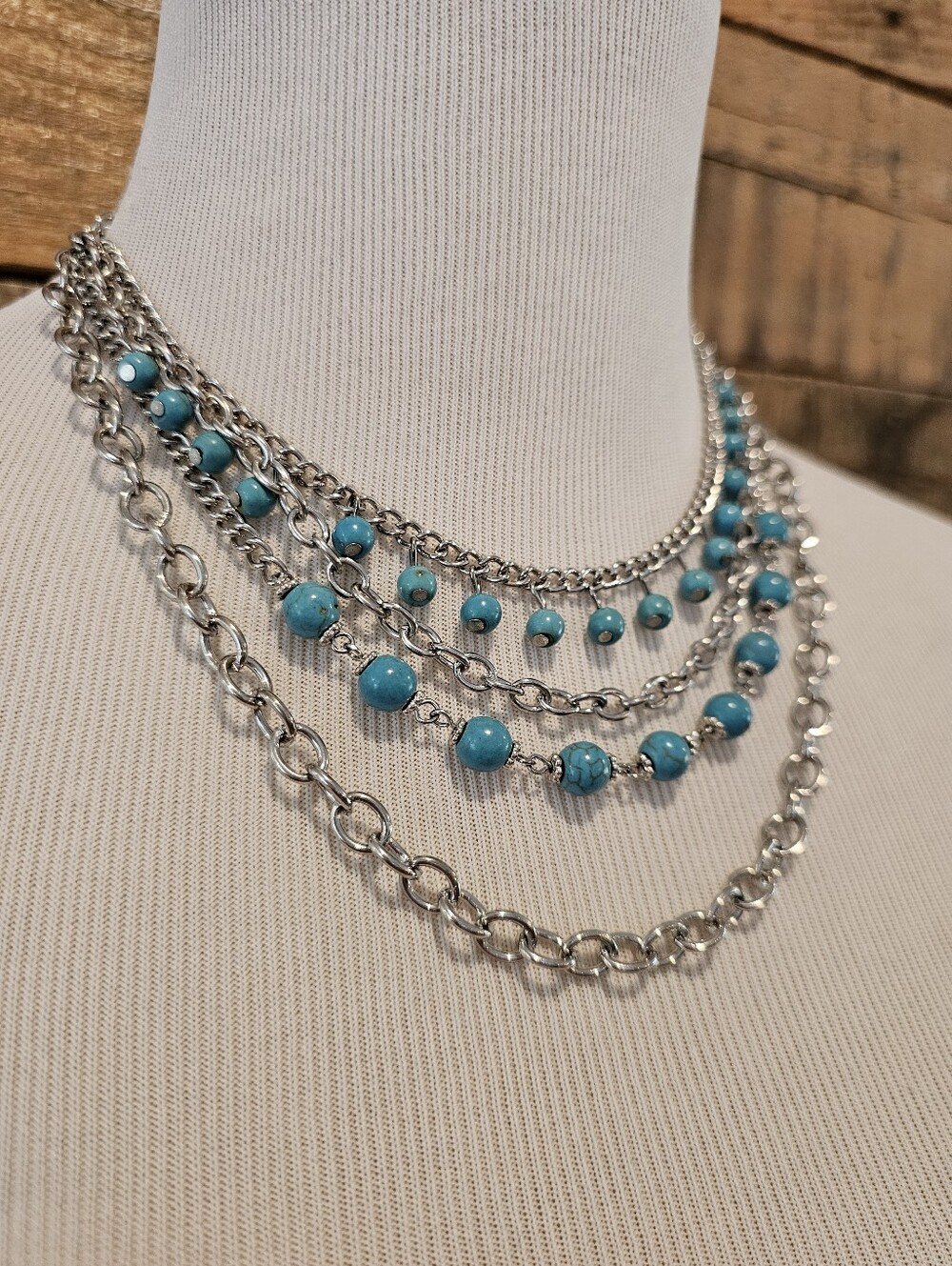 Multi-Strand Silvertone Chain Necklace w/ Turquoise Color Dyed Howlite Beads - Picture 2 of 4